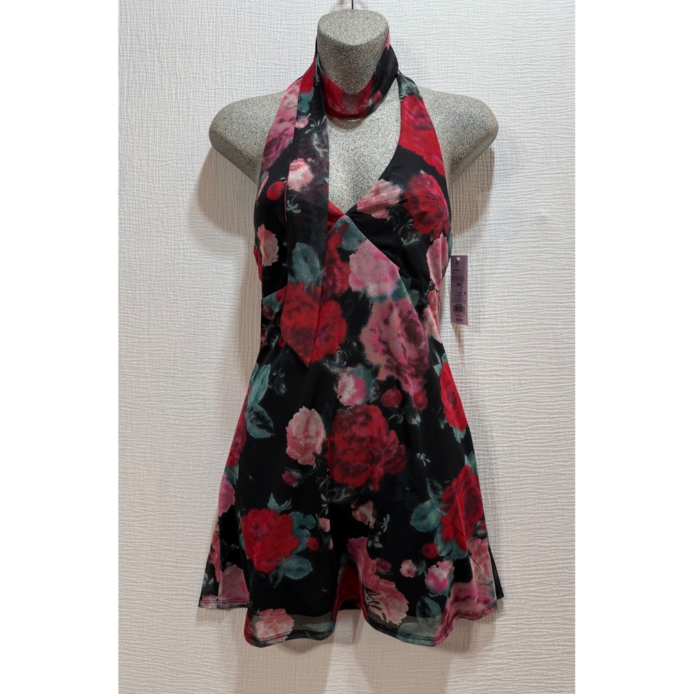 Wild‎ Fable Womens XXS Halter Neck Floral Print Mini Dress Black Red Pink Mesh - Picture 3 of 7